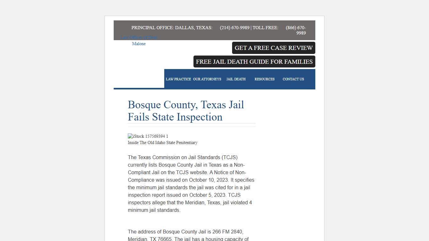 Bosque County, Texas Jail Fails State Inspection | Law Offices of Dean Malone